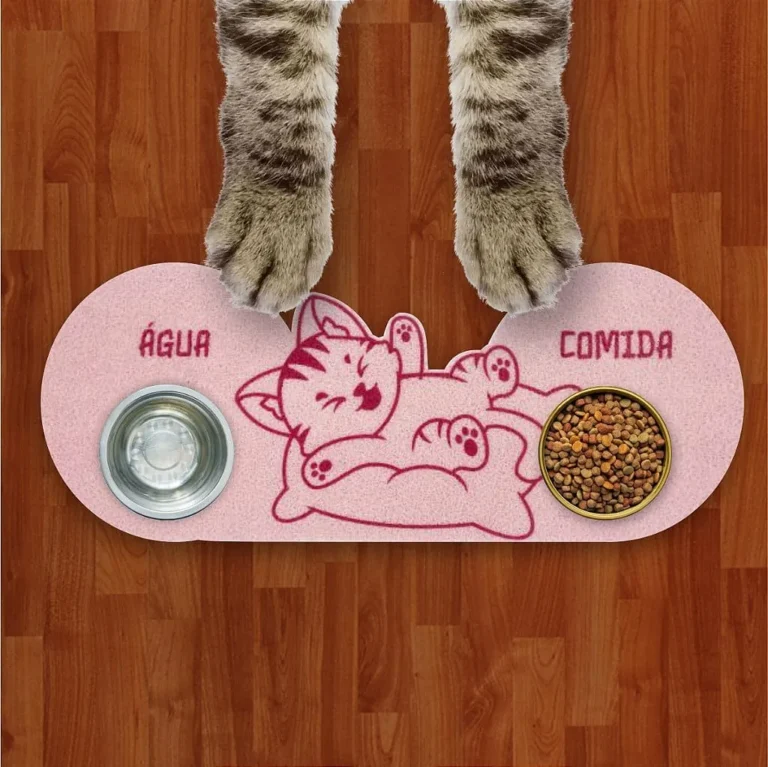 Tapete Capacho Jogo Americano para Comedouro e Bebedouro Água e Comida 3d Cat Rosa Bebe