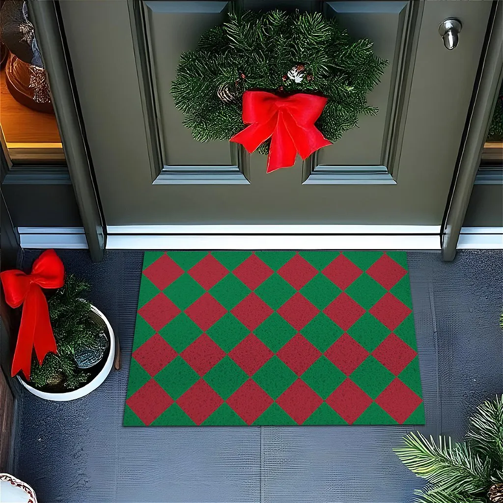 Tapete De Porta Capacho Divertido Vitral De Natal Vermelho E Verde