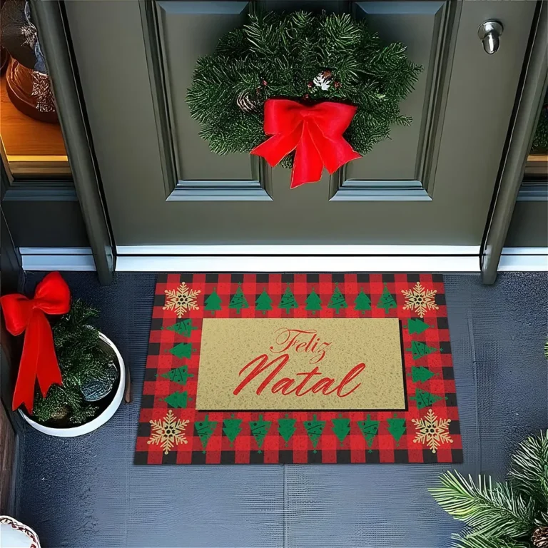 Tapete De Porta Capacho divertido Feliz Natal xadrez Vermelho