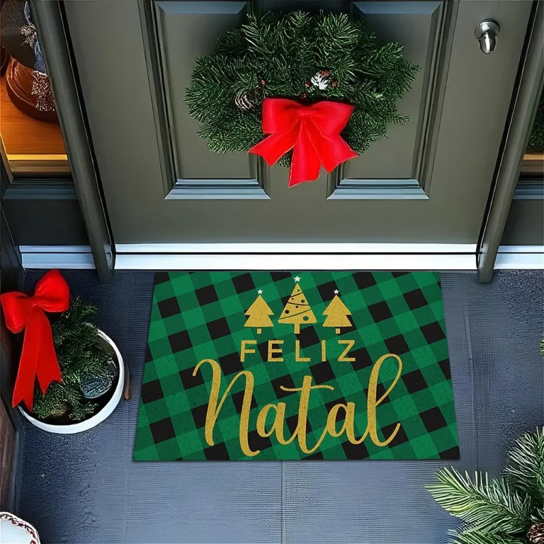 Tapete De Porta Capacho divertido Feliz Natal Xadrez Verde
