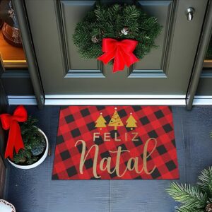 Tapete De Porta Divertido Feliz Natal Xadrez Vermelho