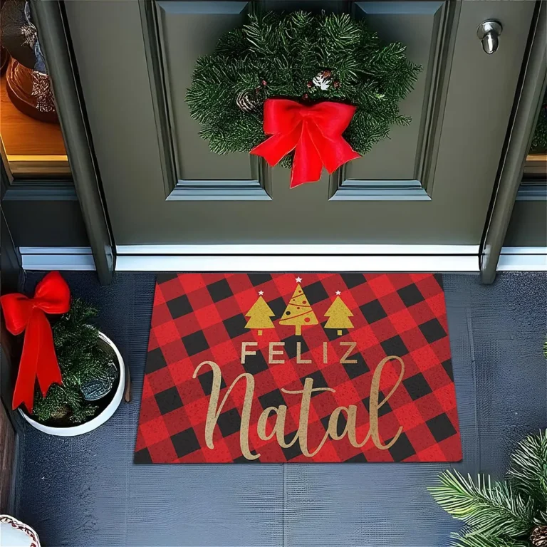 Tapete De Porta Divertido Feliz Natal Xadrez Vermelho