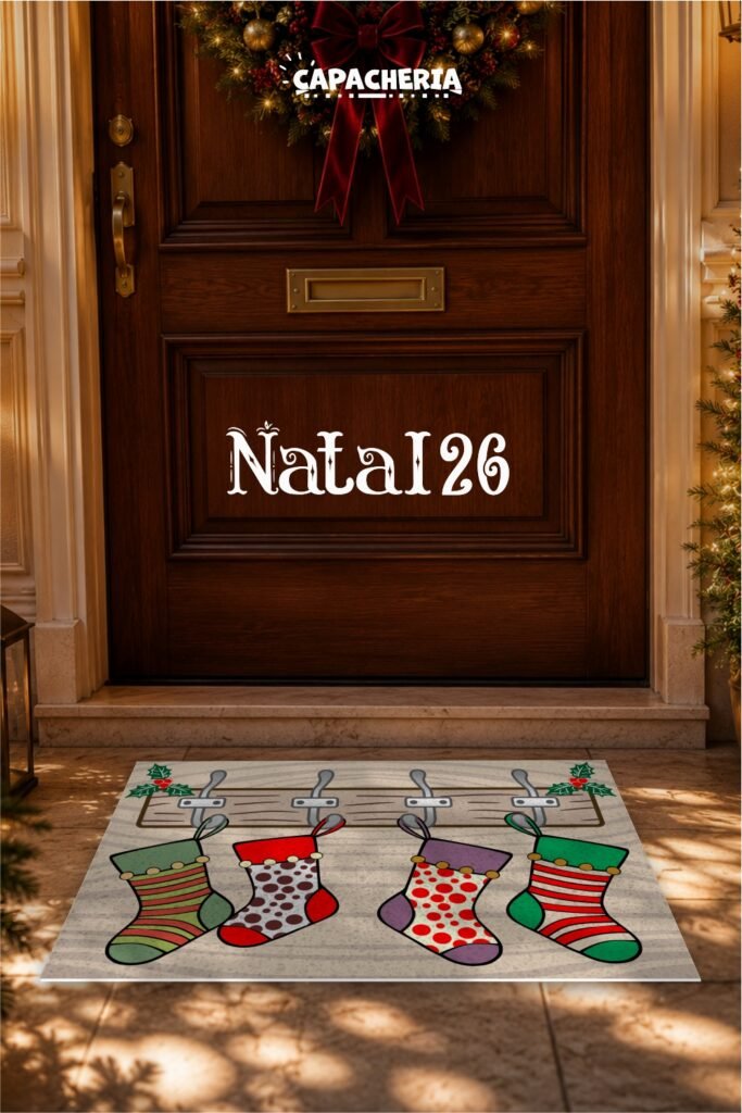 Tapete capacho natal meias encantadas com quatro meias coloridas, tamanho 60x40 cm, 5 mm e novidade em corte 3D para decorar sua entrada no Natal.